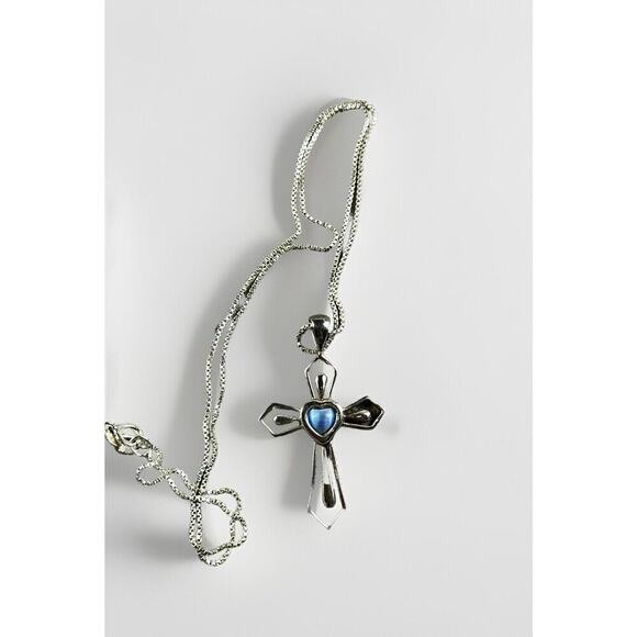 Sterling Silver FACETED STONE CROSS w Center Stone Pendant 925 MO & Necklace VTG - Picture 9 of 14